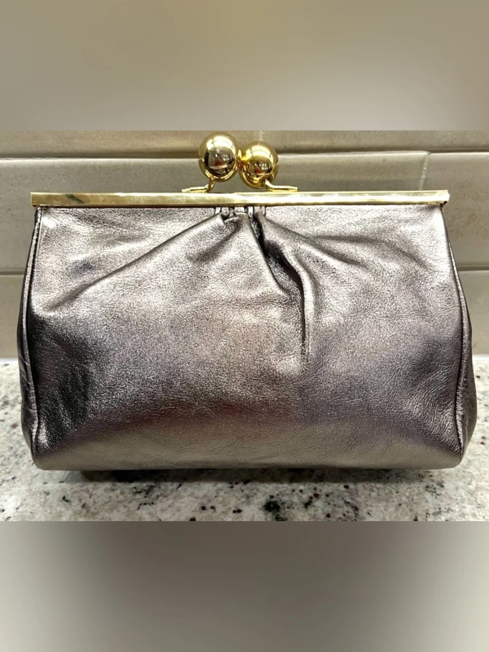 Furla Vintage Metallic Pewter Clutch with Gold Kisslock, Italian Calf Leather